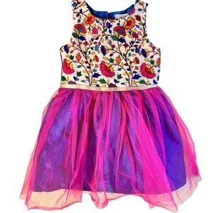 Pink and Blue Dress with Floral Embroidery and ‎ a Tulle Skirt     Size 5/6